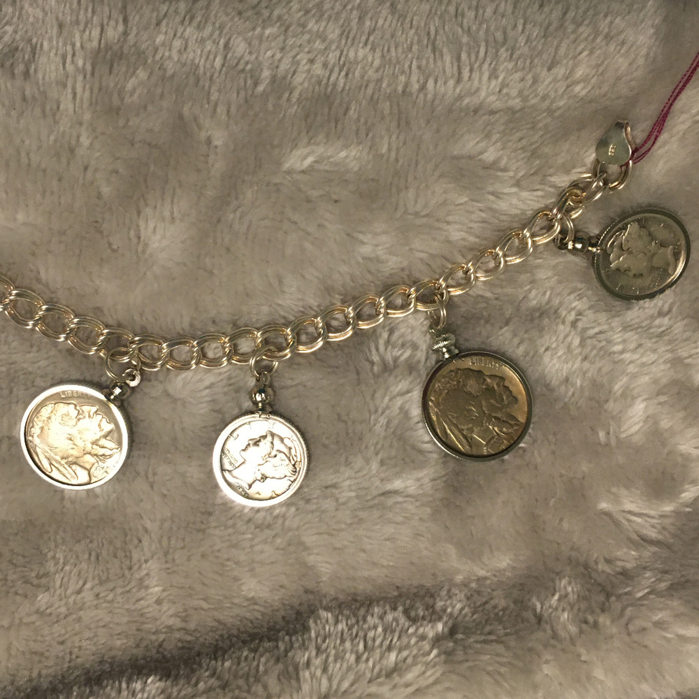 SS US Buffalo Nickel & Mercury Dime Charm Bracelet